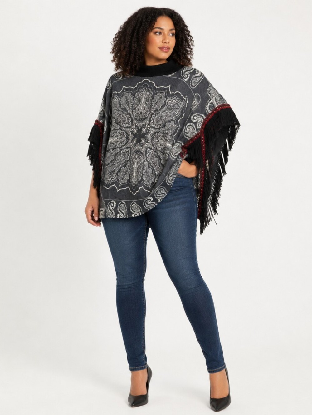 Black Charcoal Paisley Boho Cowlneck Poncho with Fringe OS Southwestern Festival
